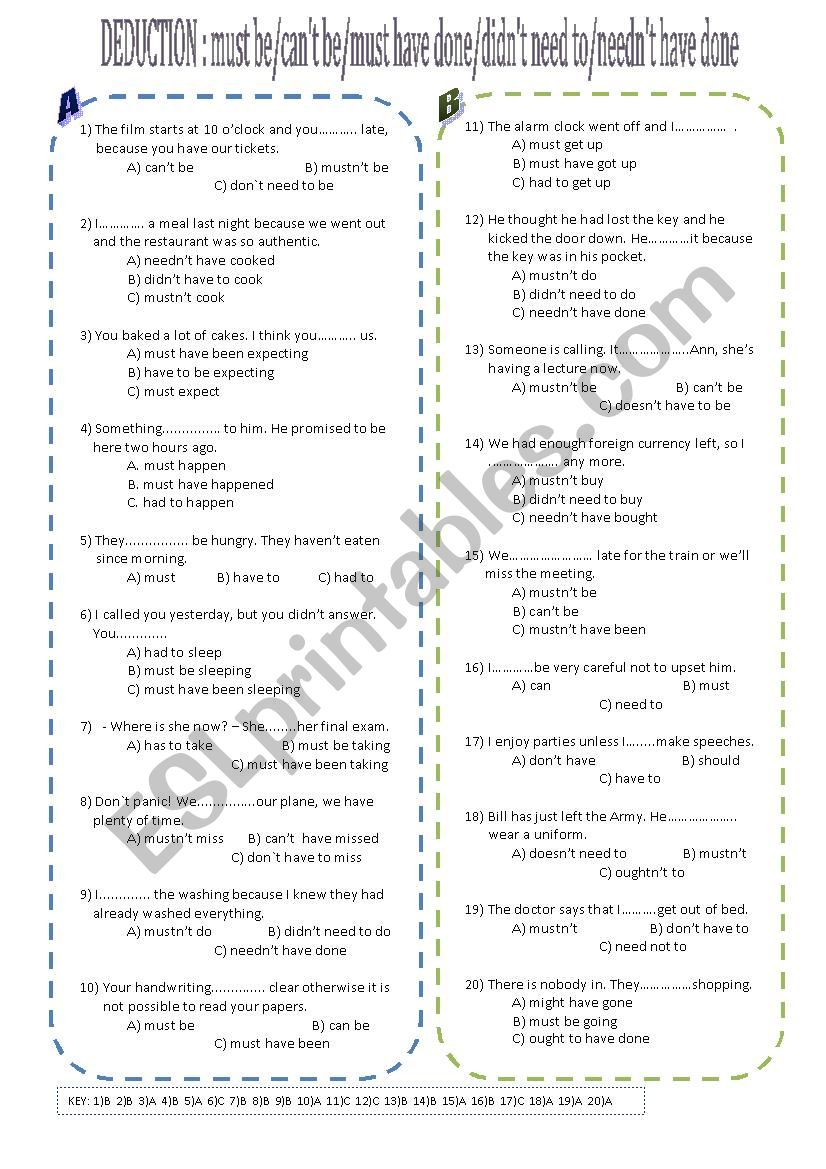 MODALS/DEDUCTION worksheet