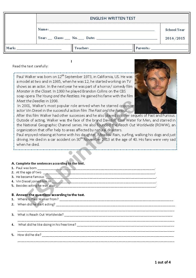Test 6th Grade Famous people worksheet