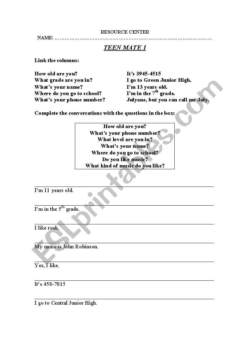 Personal Information worksheet