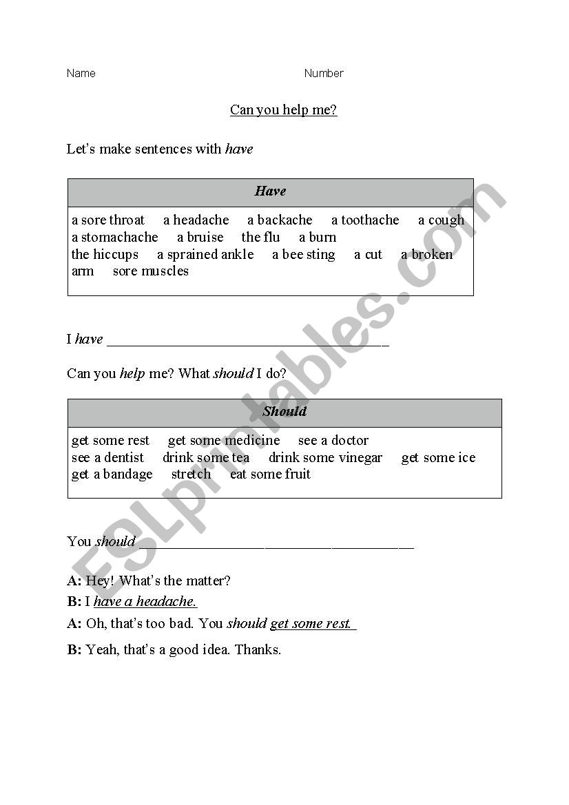 ailments sentences worksheet