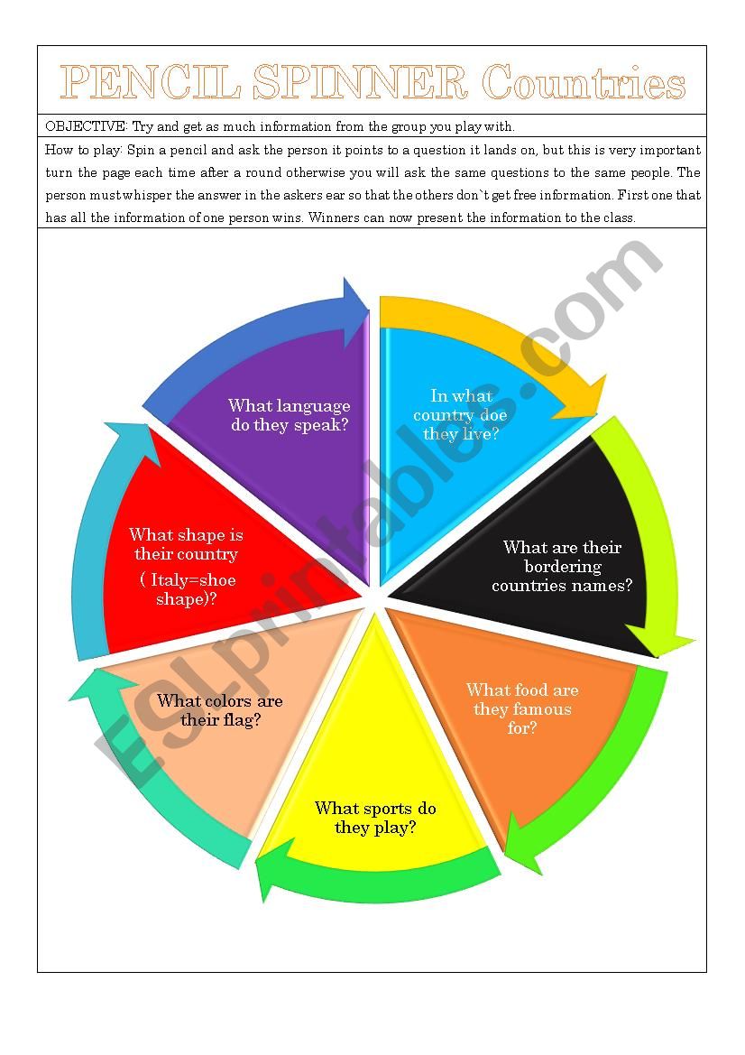 Pencil Spinner Countries worksheet