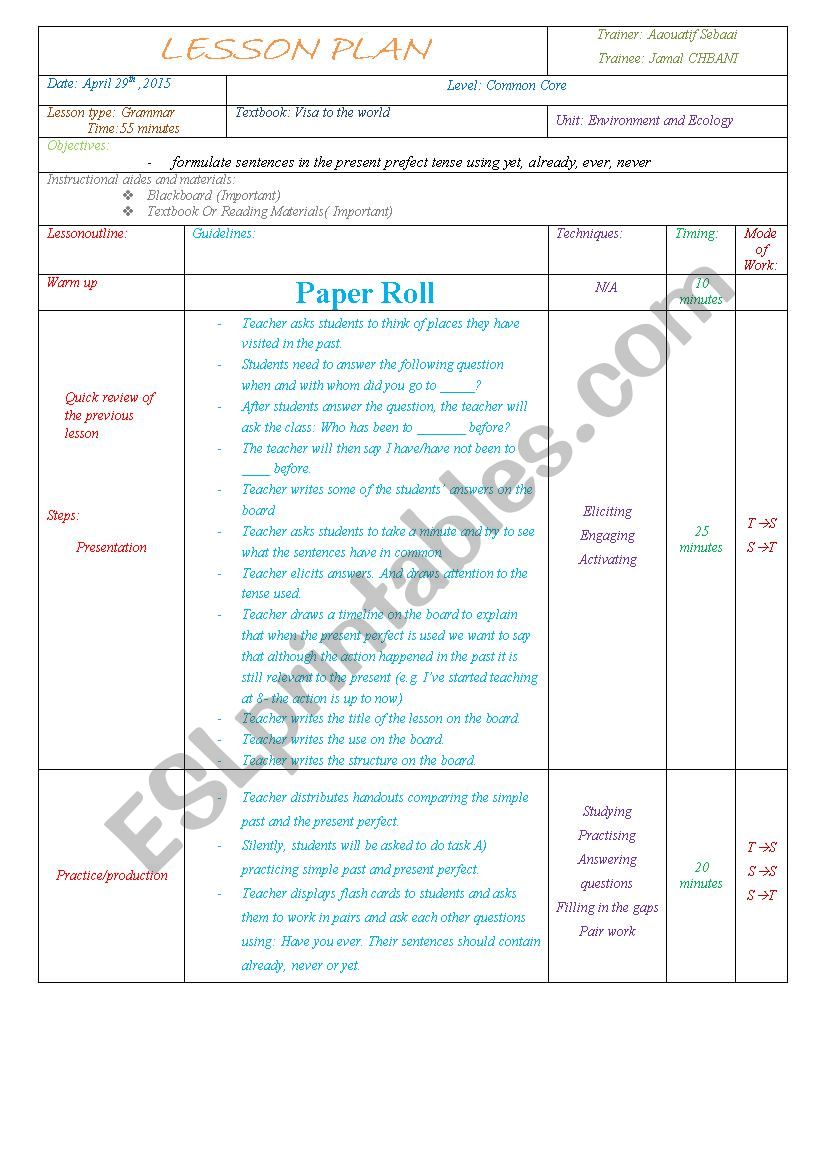 Present Perfect-Lesson Plan  worksheet