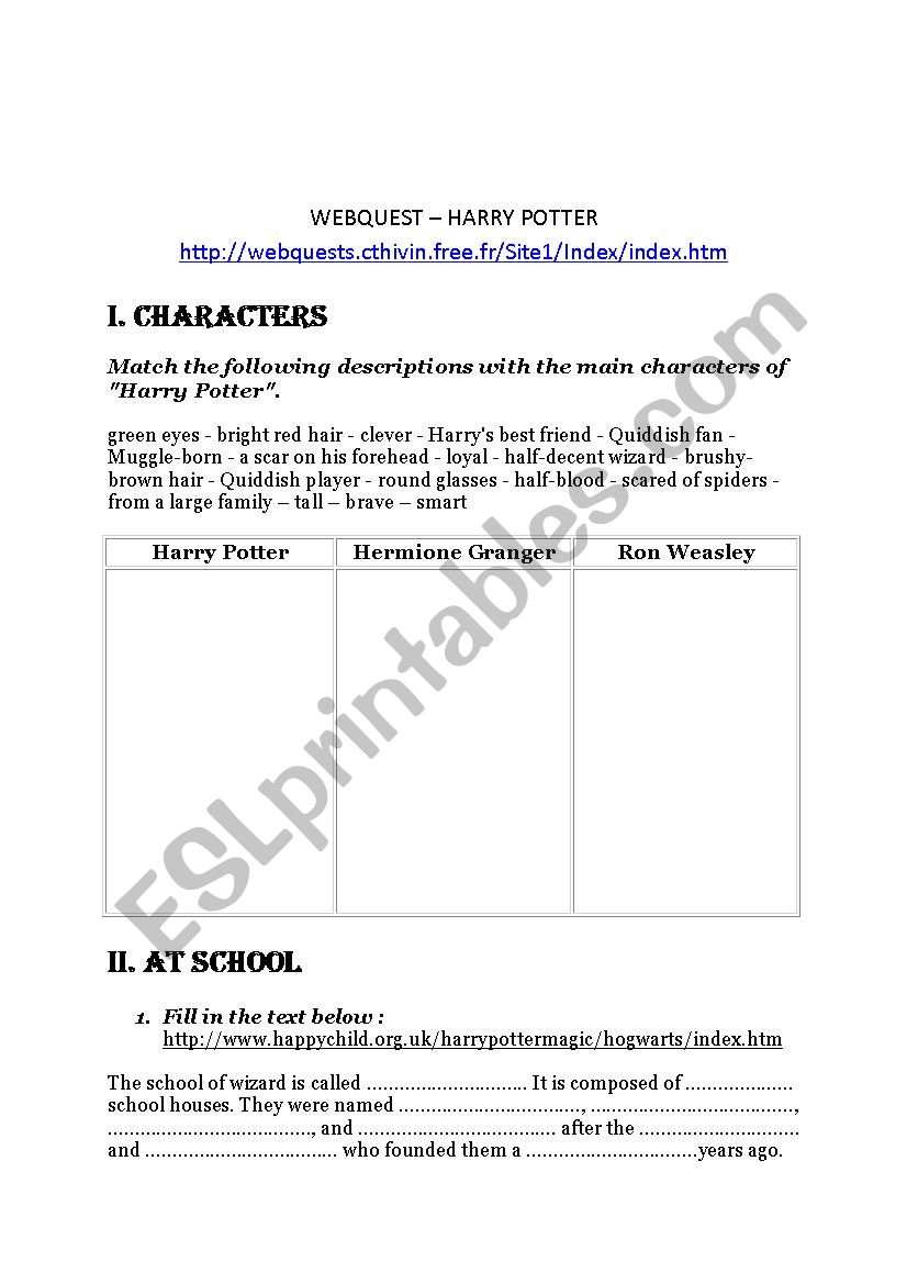 Webquest Harry Potter worksheet