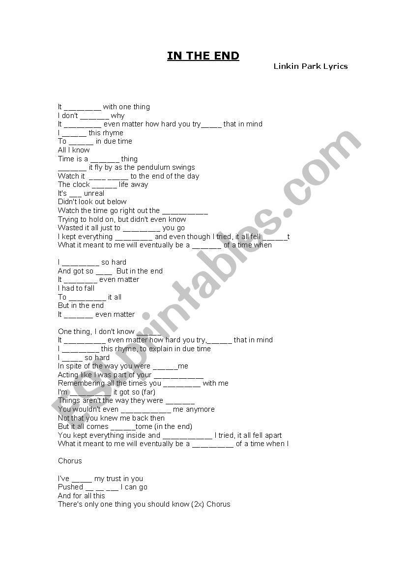 Linkin Park - in the end worksheet