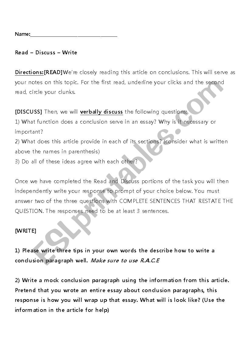 Conclusion Activity  worksheet