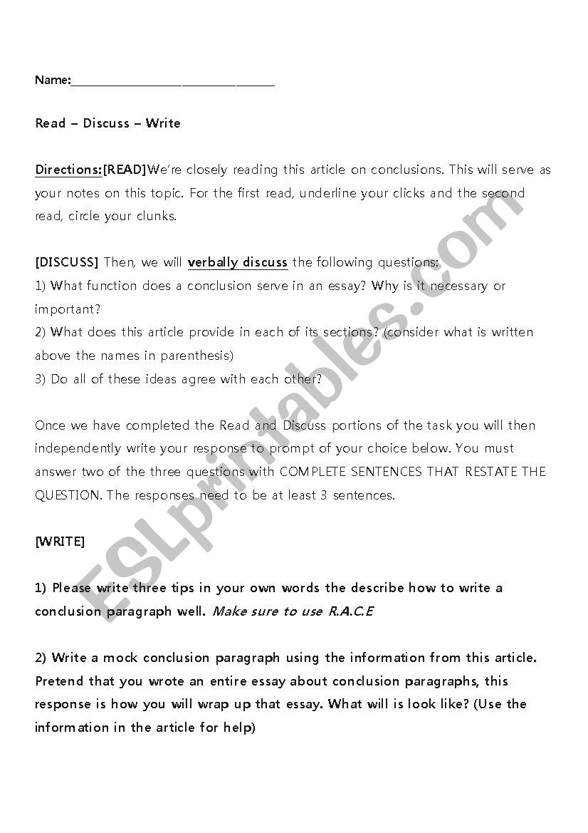 Conclusion Activity  worksheet