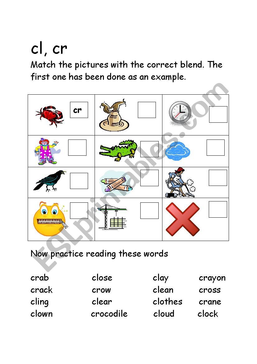 Blend Words cl,cr worksheet