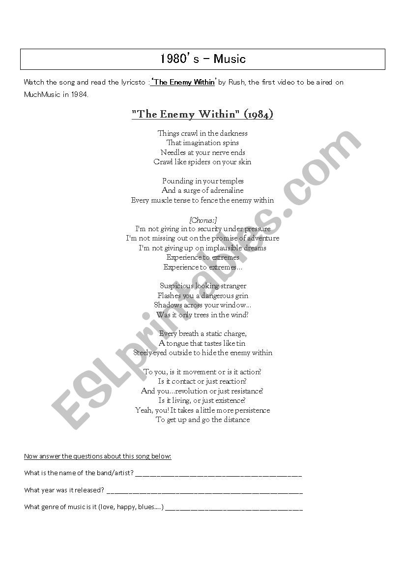 1980Â´s Music worksheet