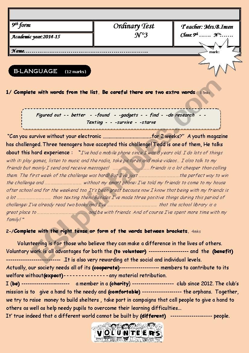 mid term test n3 -9th form worksheet