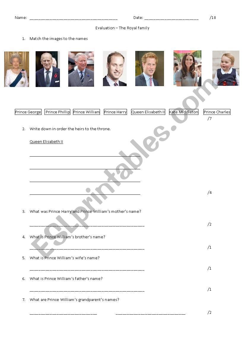 royal family quiz worksheet