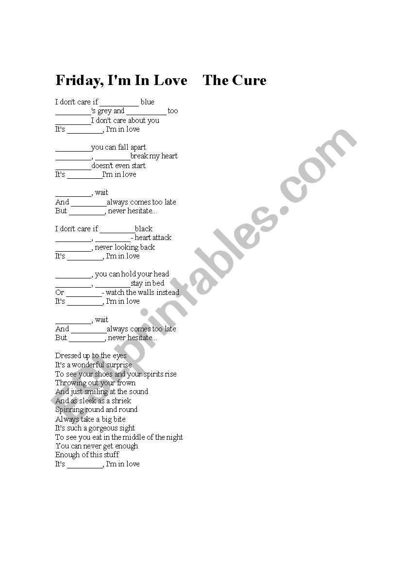 Friday Im In love worksheet