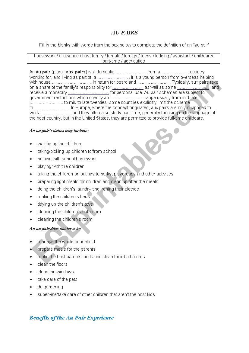 Au Pair worksheet