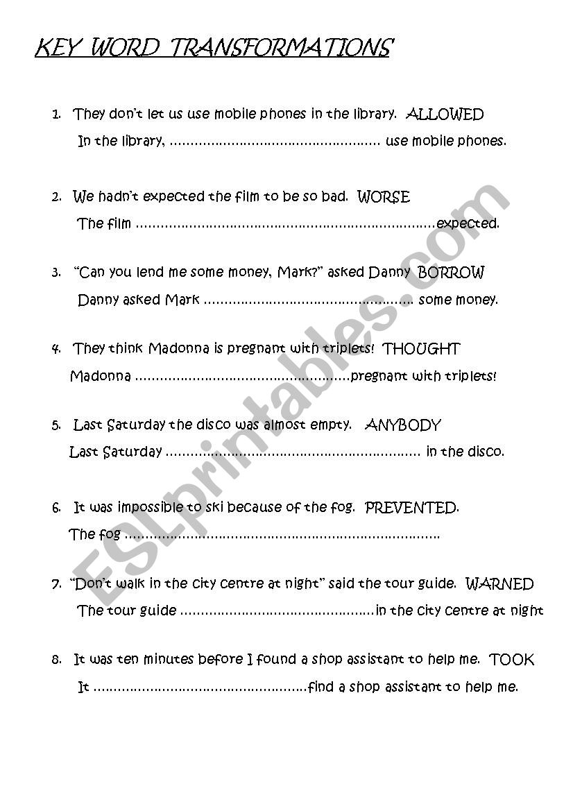 KEY WORD TRANSFORMATIONS worksheet