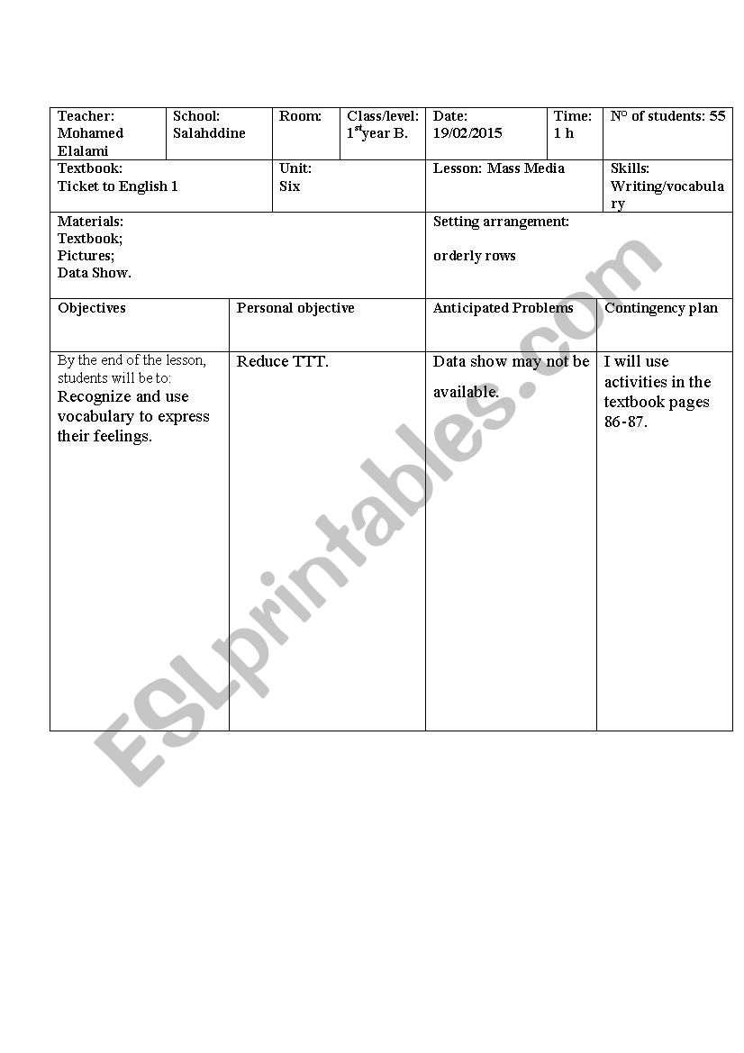 Vocabulary Lesson Plan: Adjectives expressing feelings