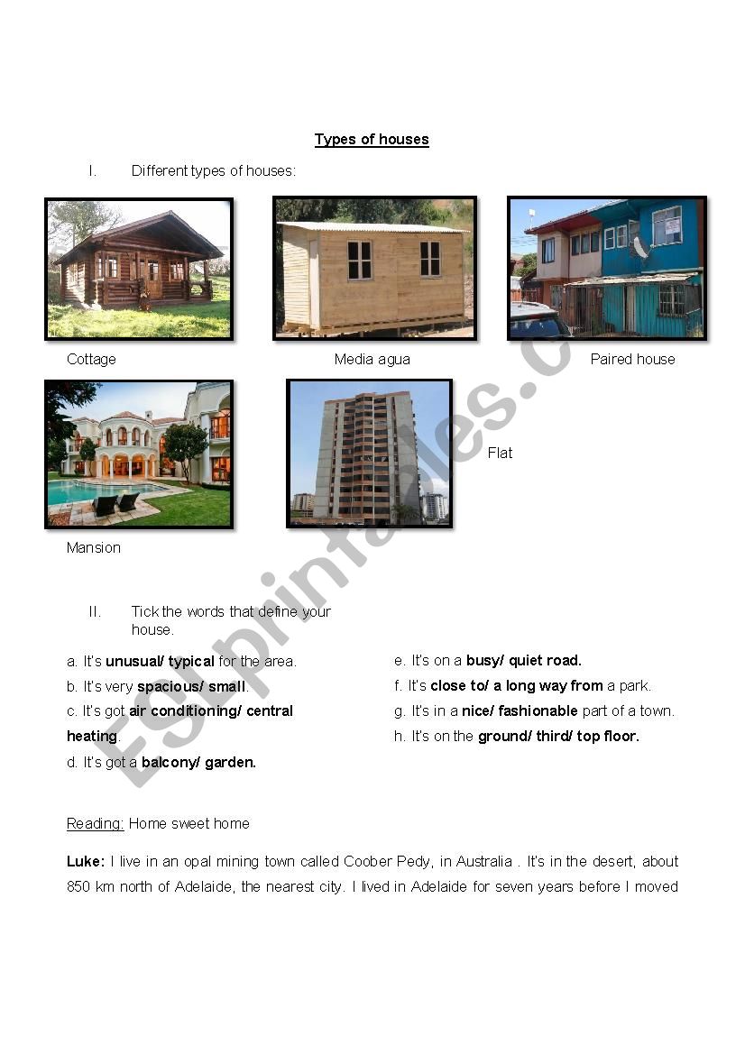Type of houses worksheet