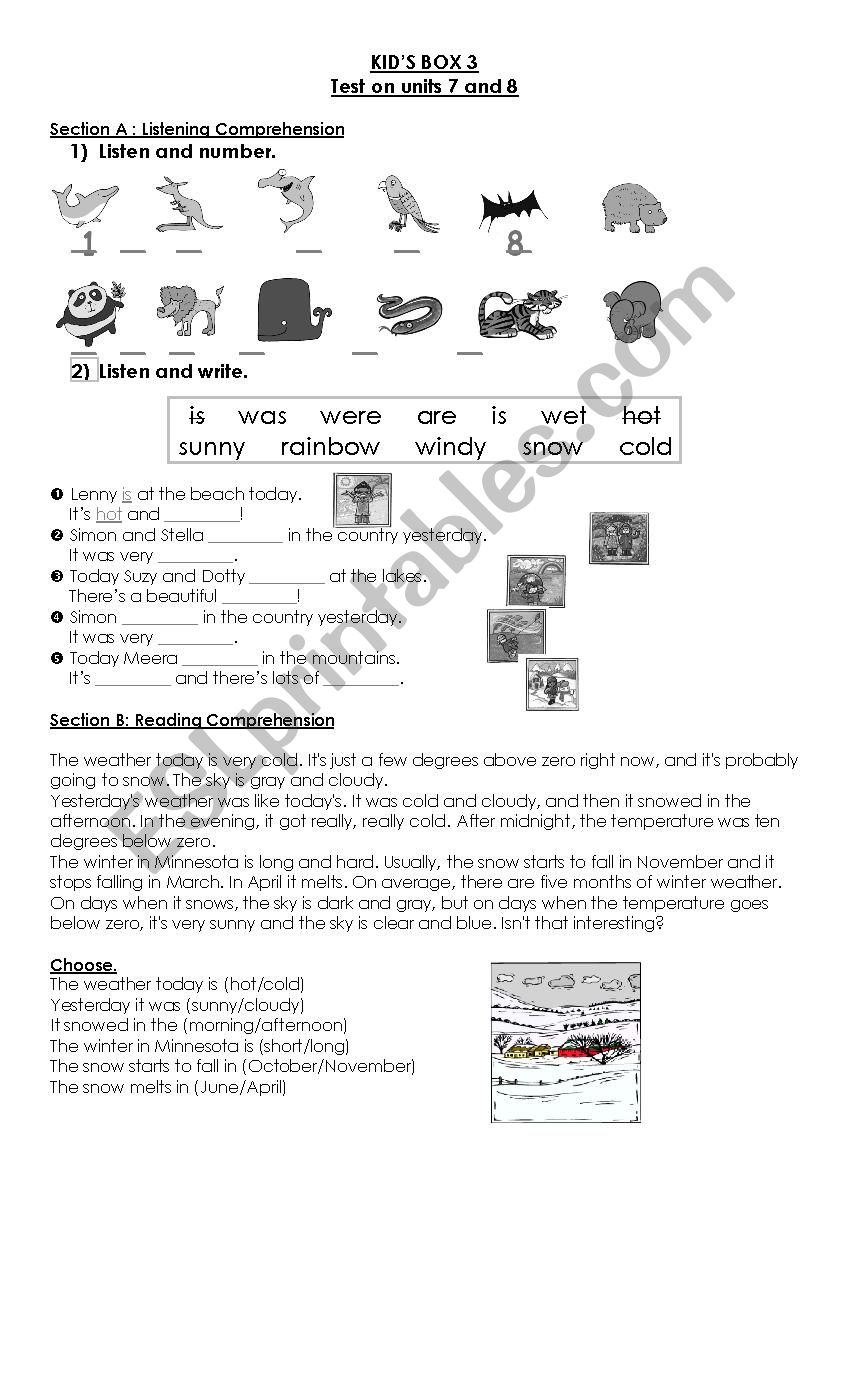 KIDÂ´S BOX 3 TEST UNITS 7 &8 worksheet