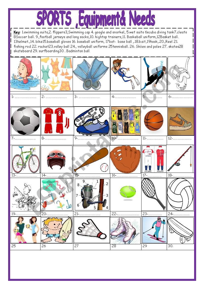 sports  equipments pictionary worksheet