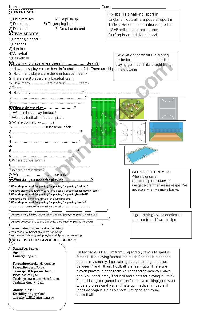 Team sports,places and needs worksheet
