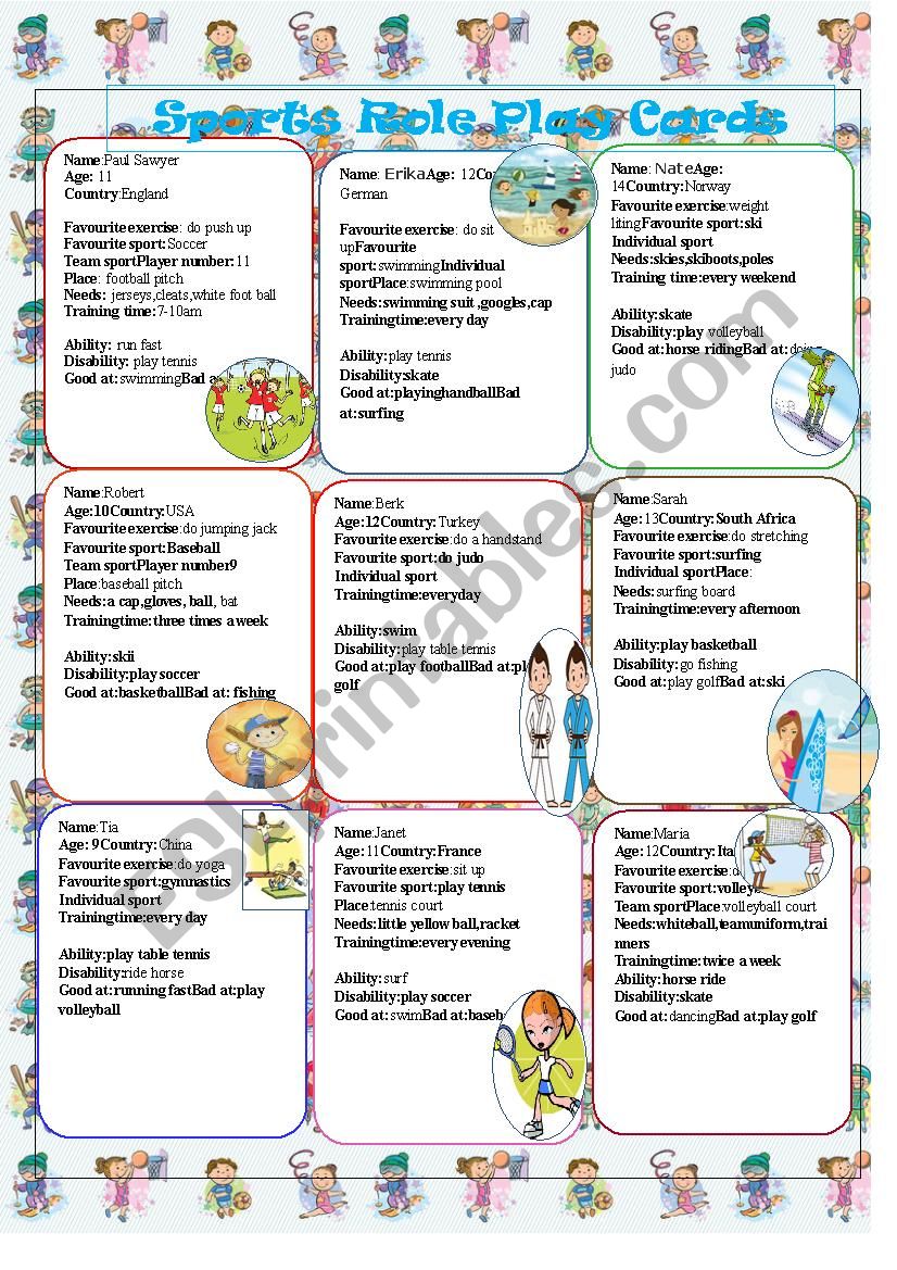 sports role playcards worksheet