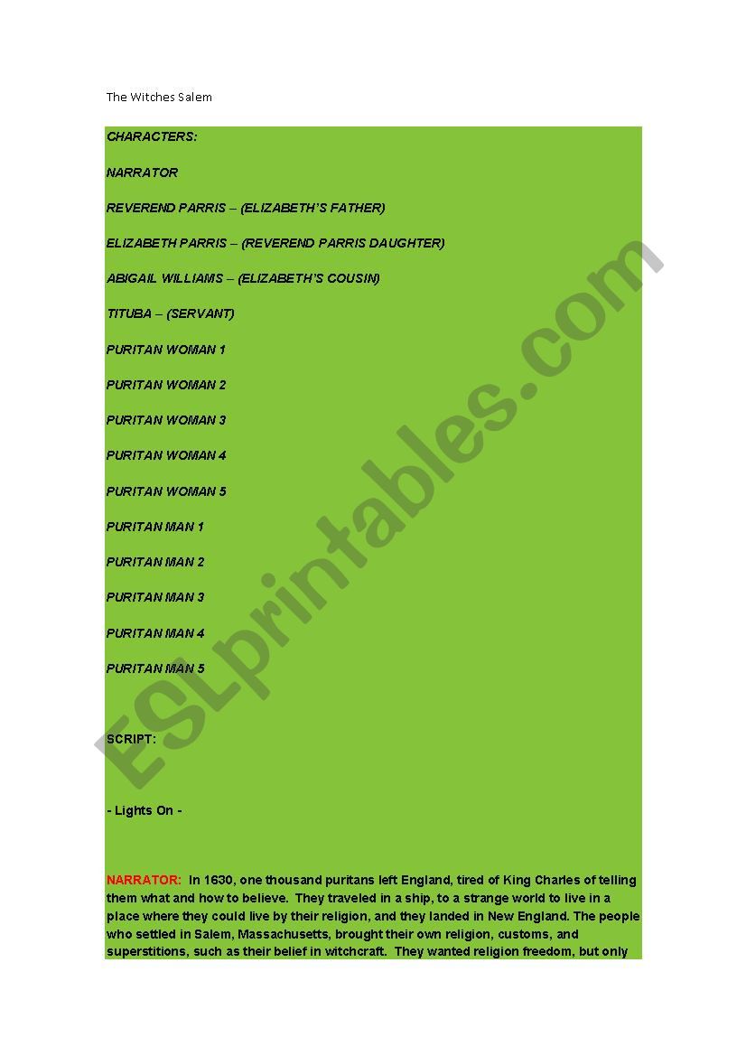 The Witches Salem worksheet