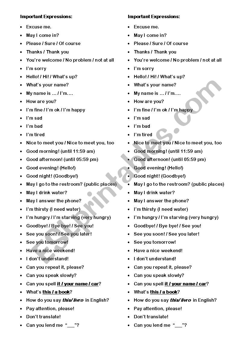 important expressions worksheet