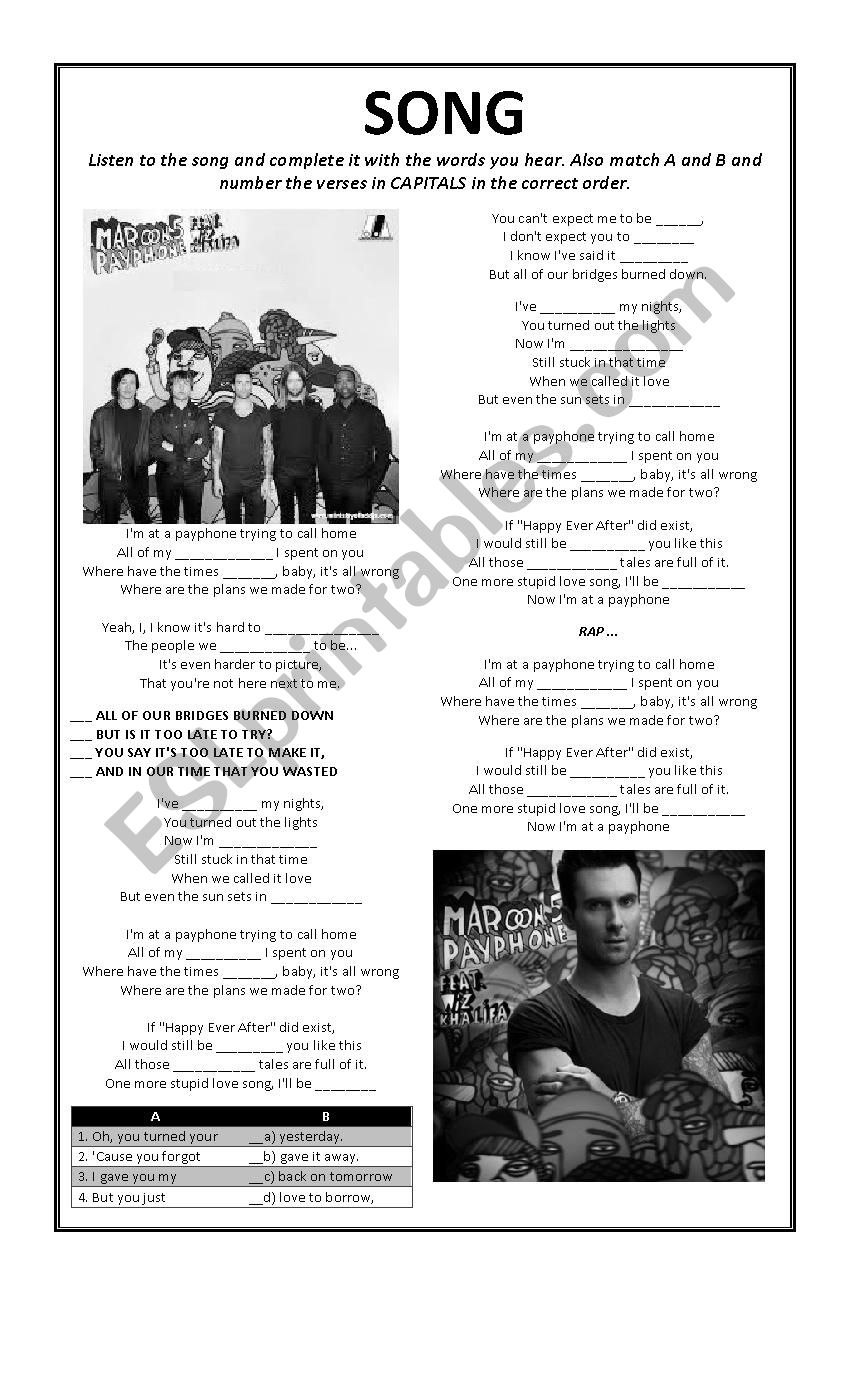 Payphone Maroon 5 worksheet