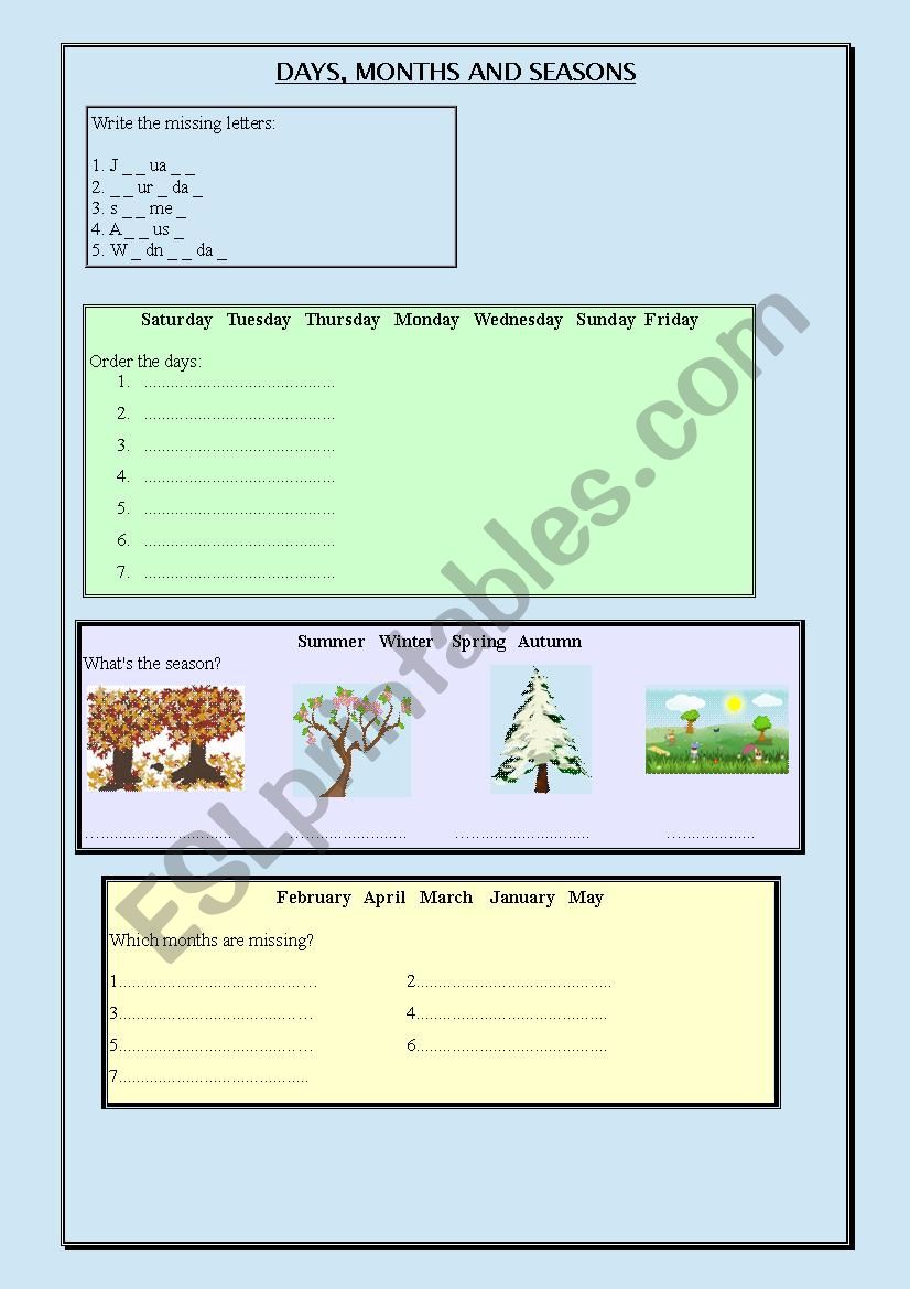 Days, months and seasons worksheet