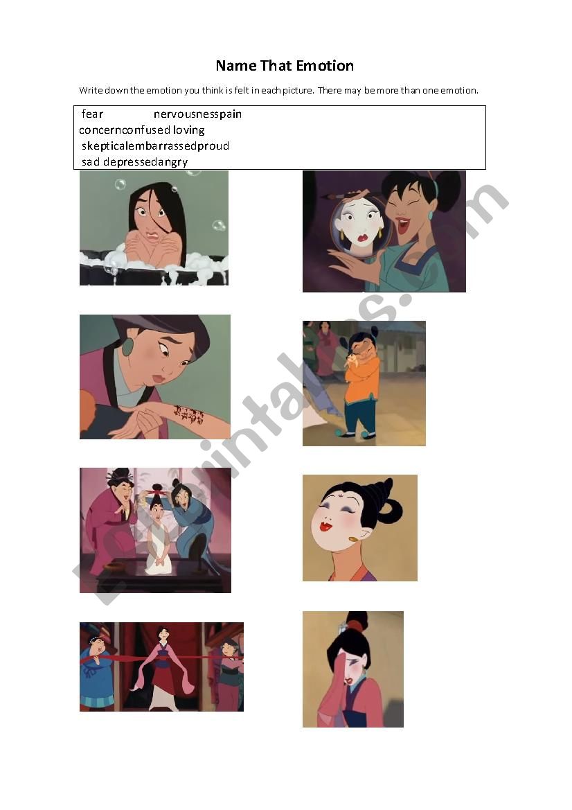 Mulan Bring Honor to Us Emotions Activity