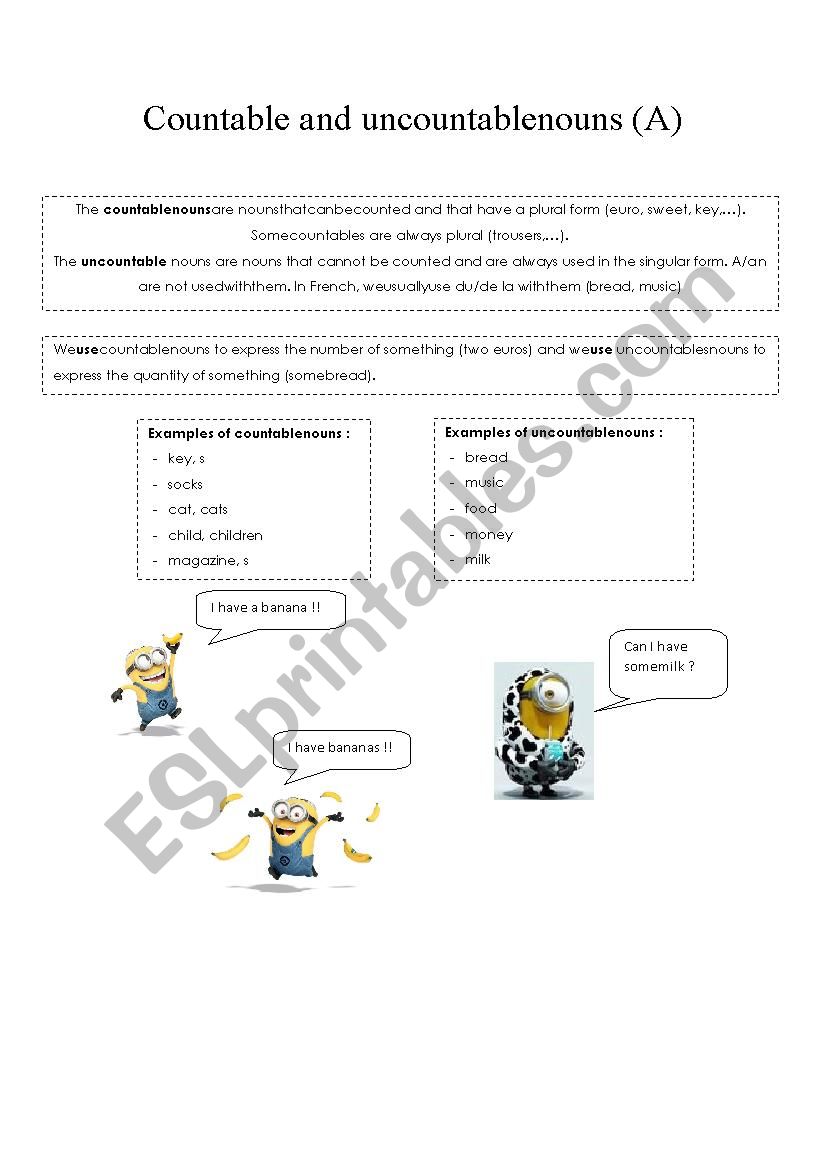 Countable and uncountable A worksheet