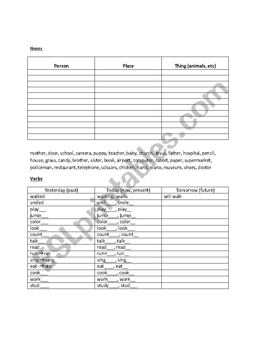 Nouns and Verbs worksheet