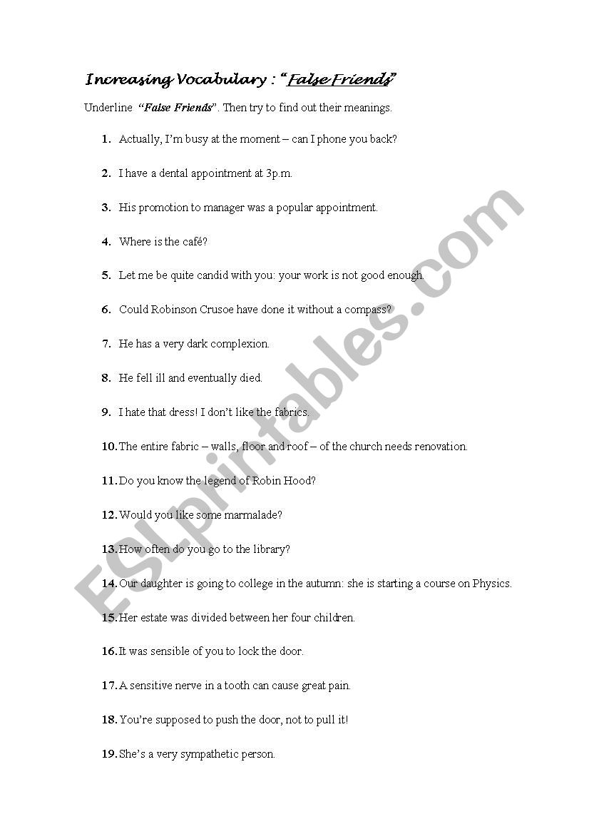 False Friends worksheet