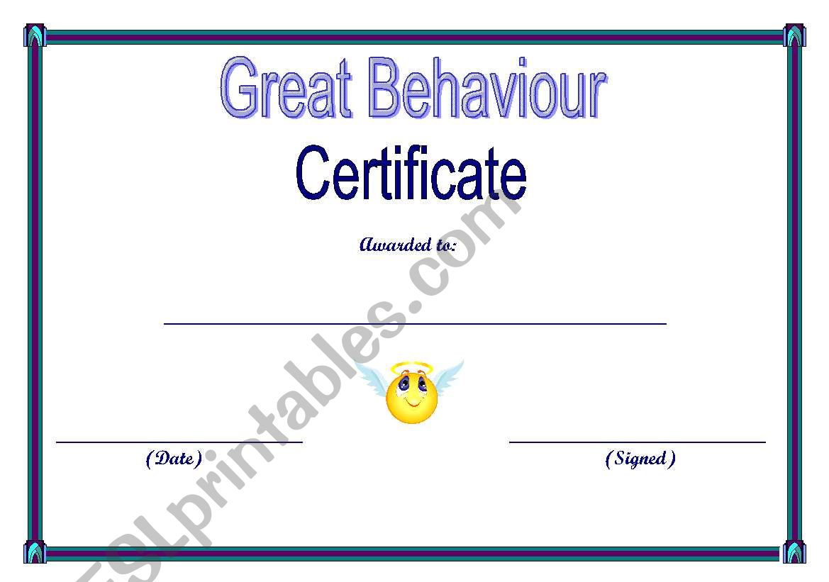 Great Behaviour Certificate worksheet