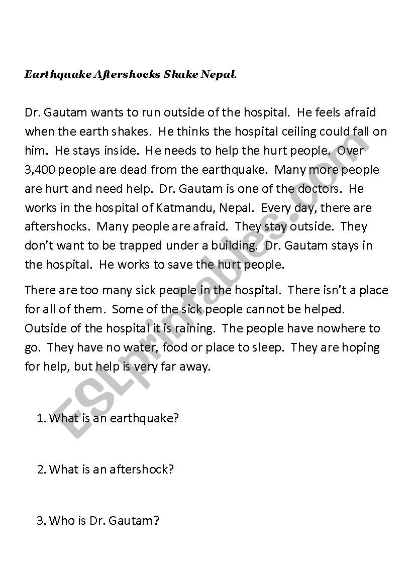 Earthquake in Nepal worksheet