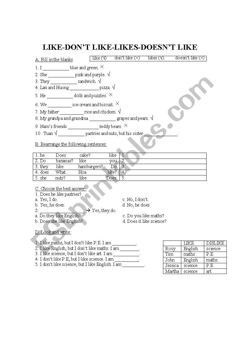 Like vs likes worksheet