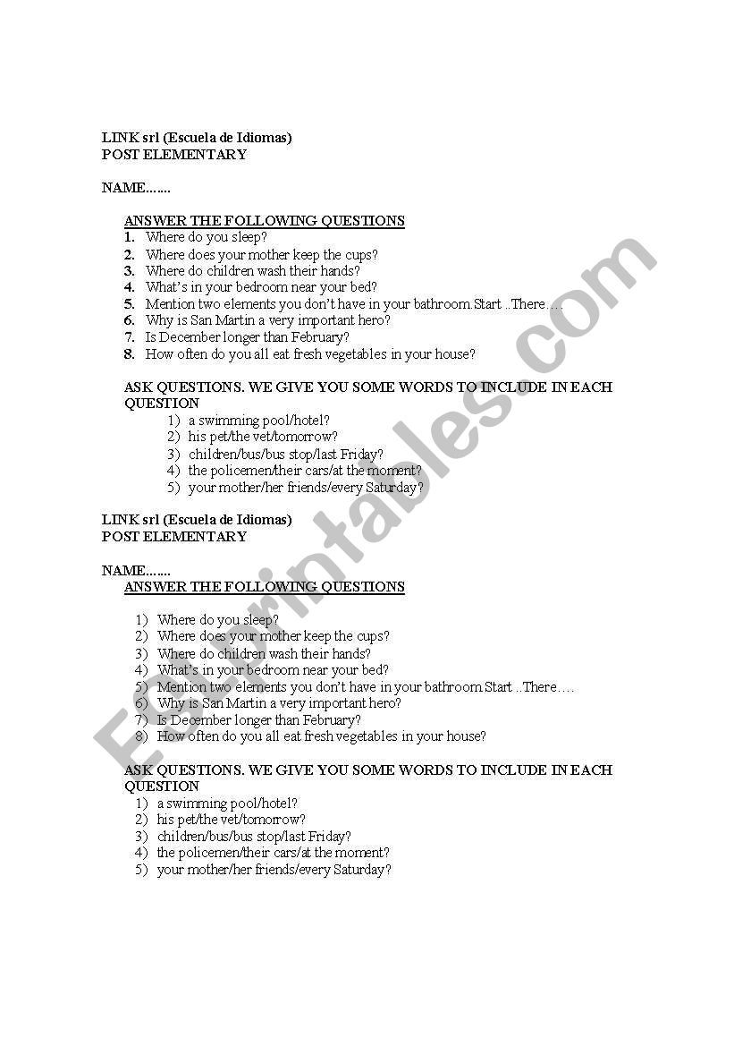 questions worksheet