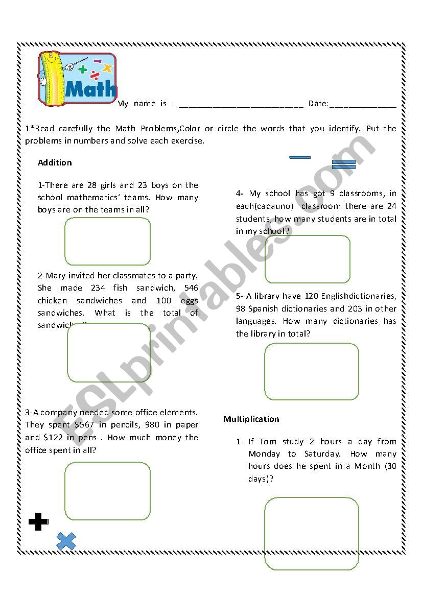 Math operations  worksheet