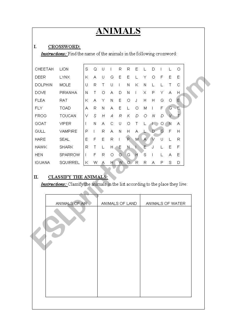 ANIMAL CROSSWORD worksheet