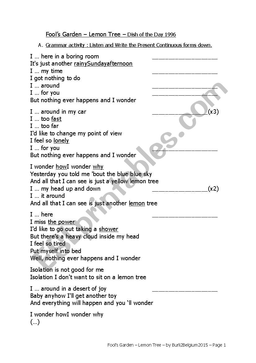 Fools Garden - Lemon Tree worksheet