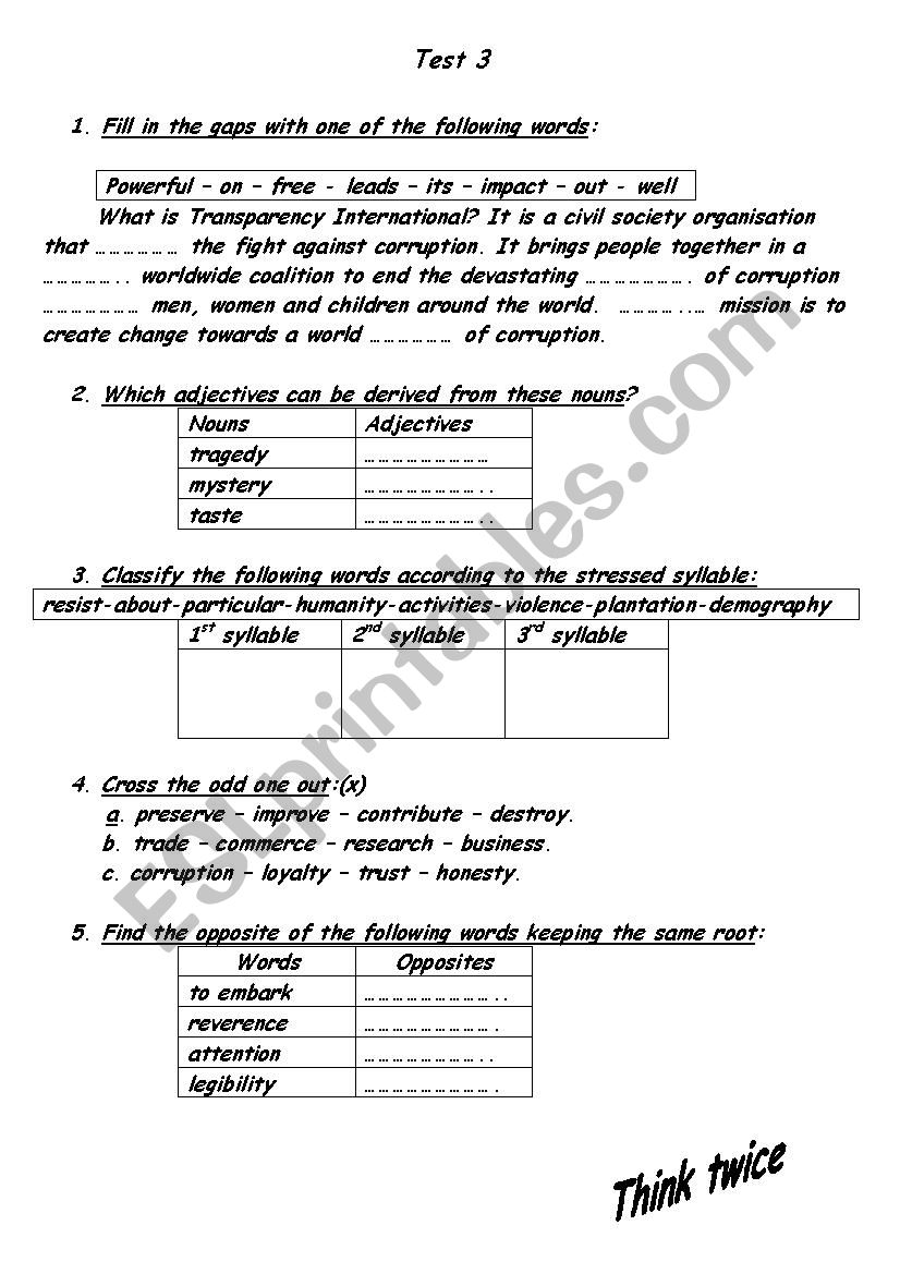 text and questions about transparency international