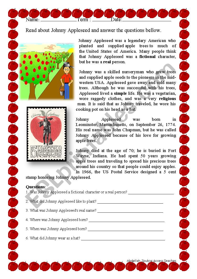 Johnny Appleseed ESL worksheet by teacherabdellah