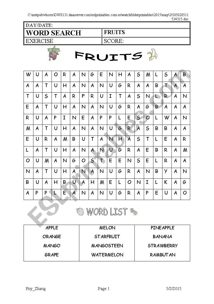 Fruits Wordsearch worksheet