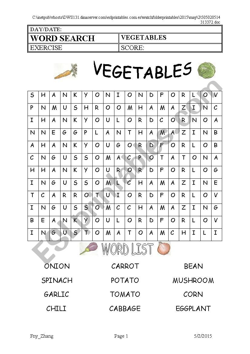 Vegetables wordsearch worksheet