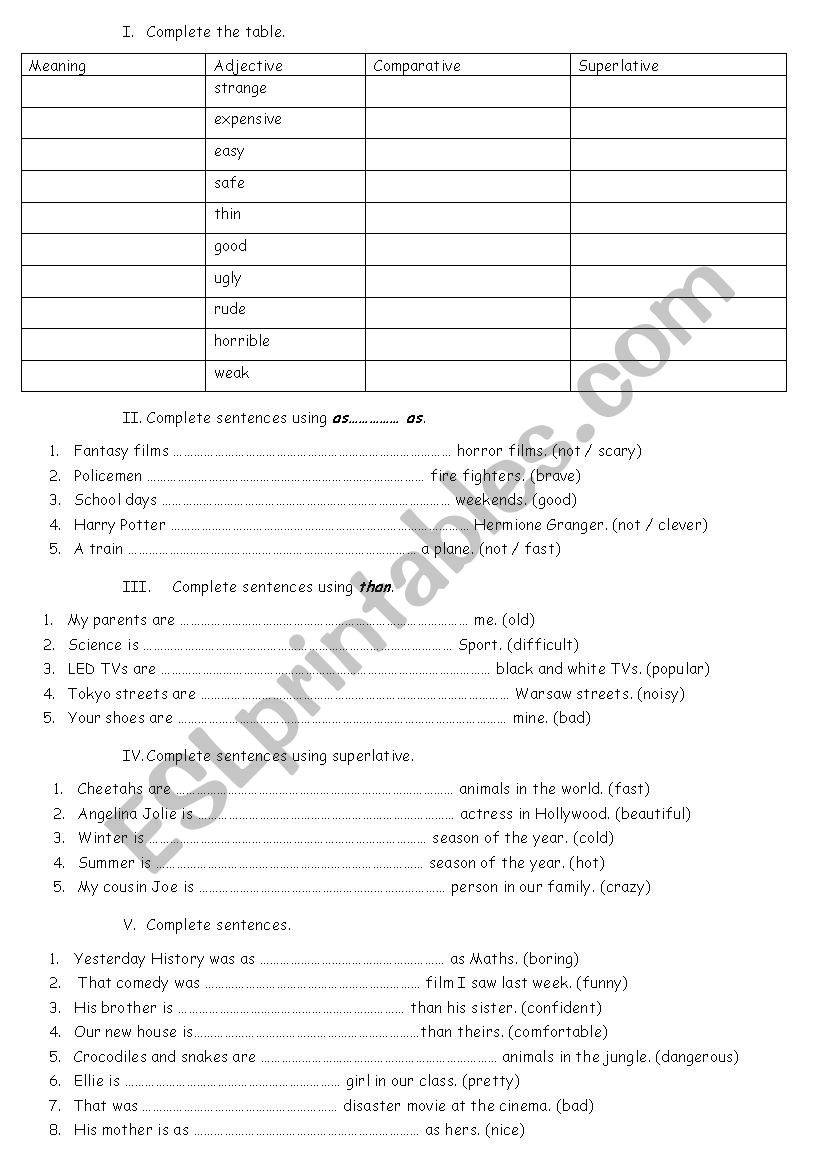 comparative and superlative worksheet