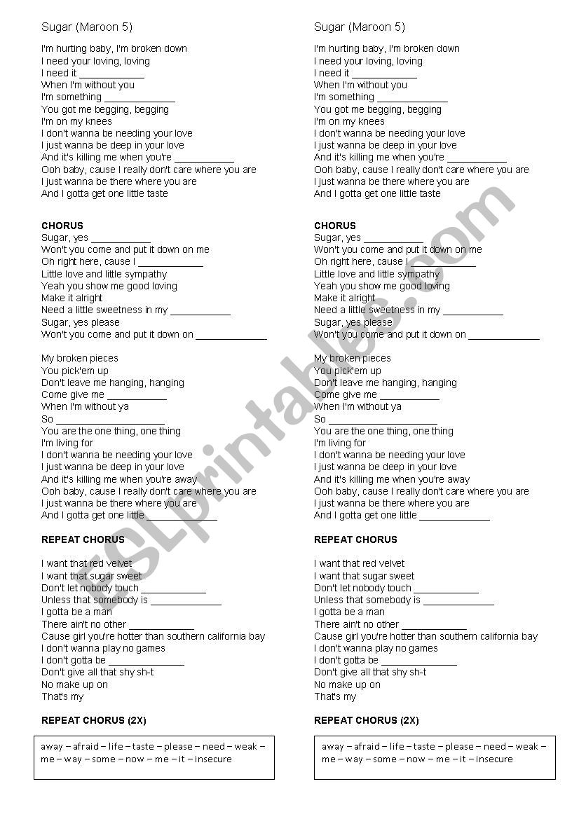 Song Sugar - Maroon 5 worksheet
