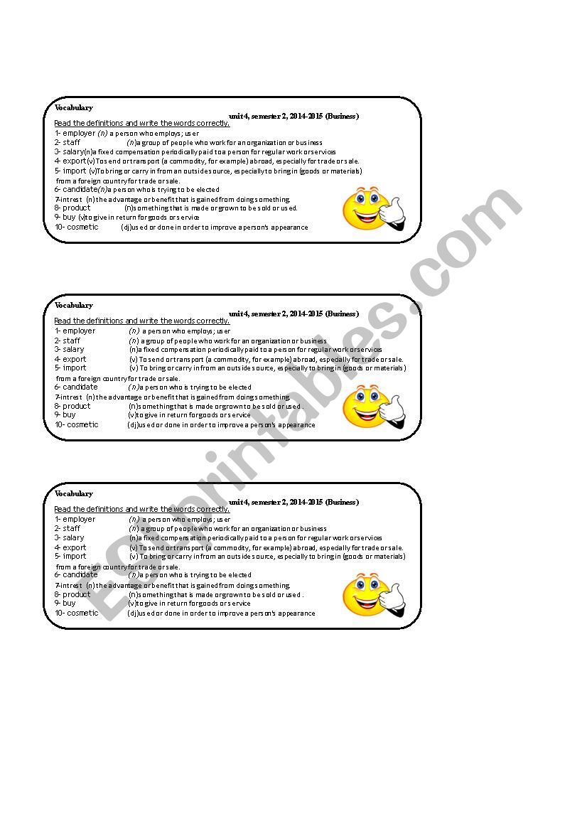 Vocabulary Glossary worksheet