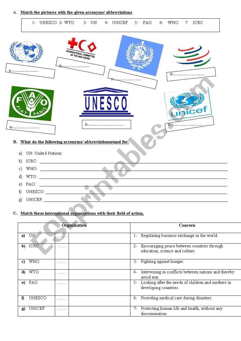 international organisations worksheet