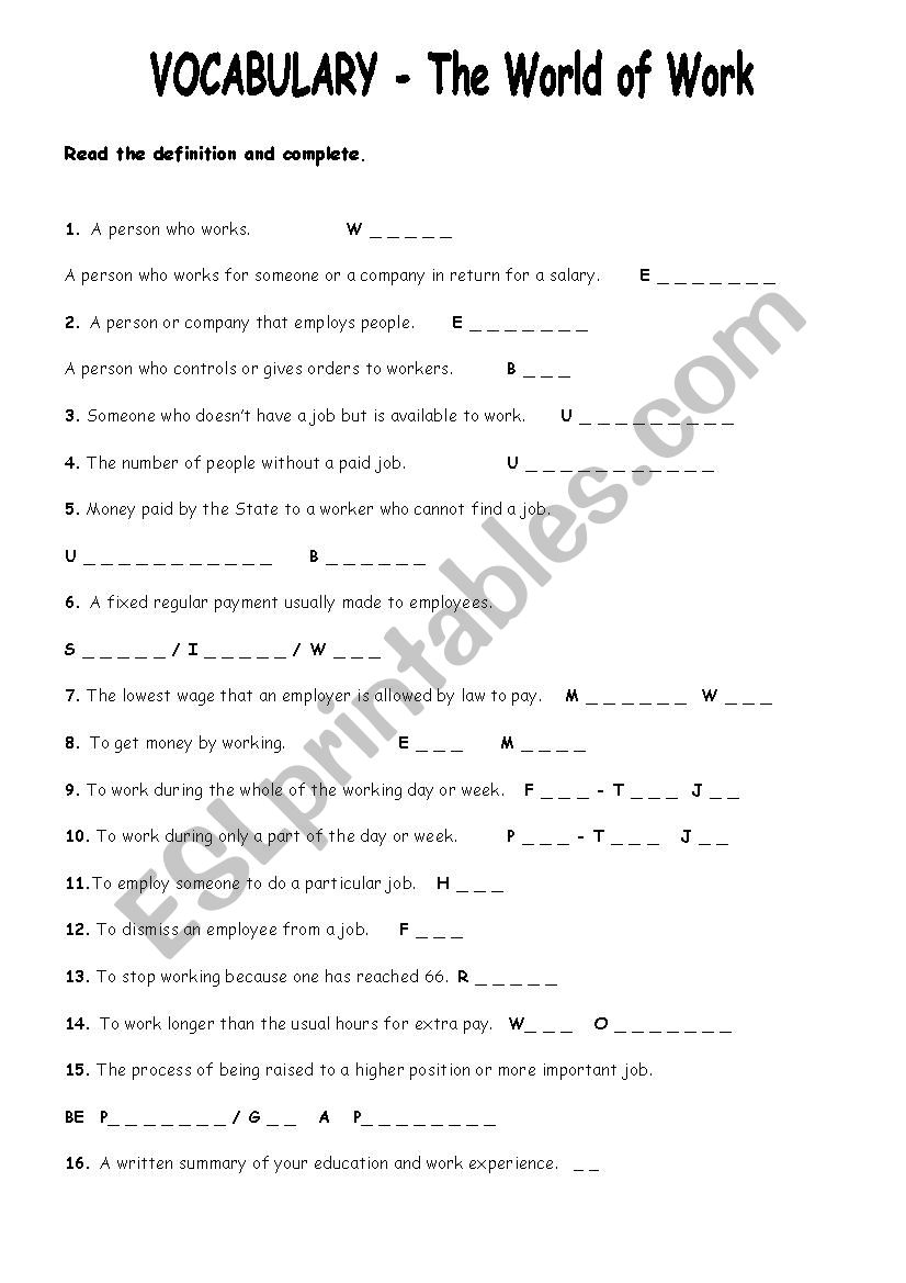 The World of work worksheet