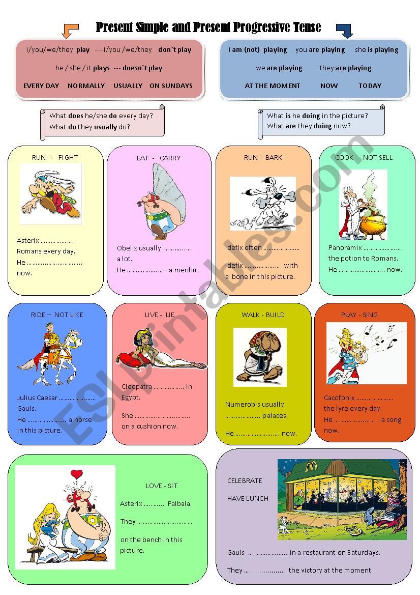 Present simple and progressive revision with Asterix