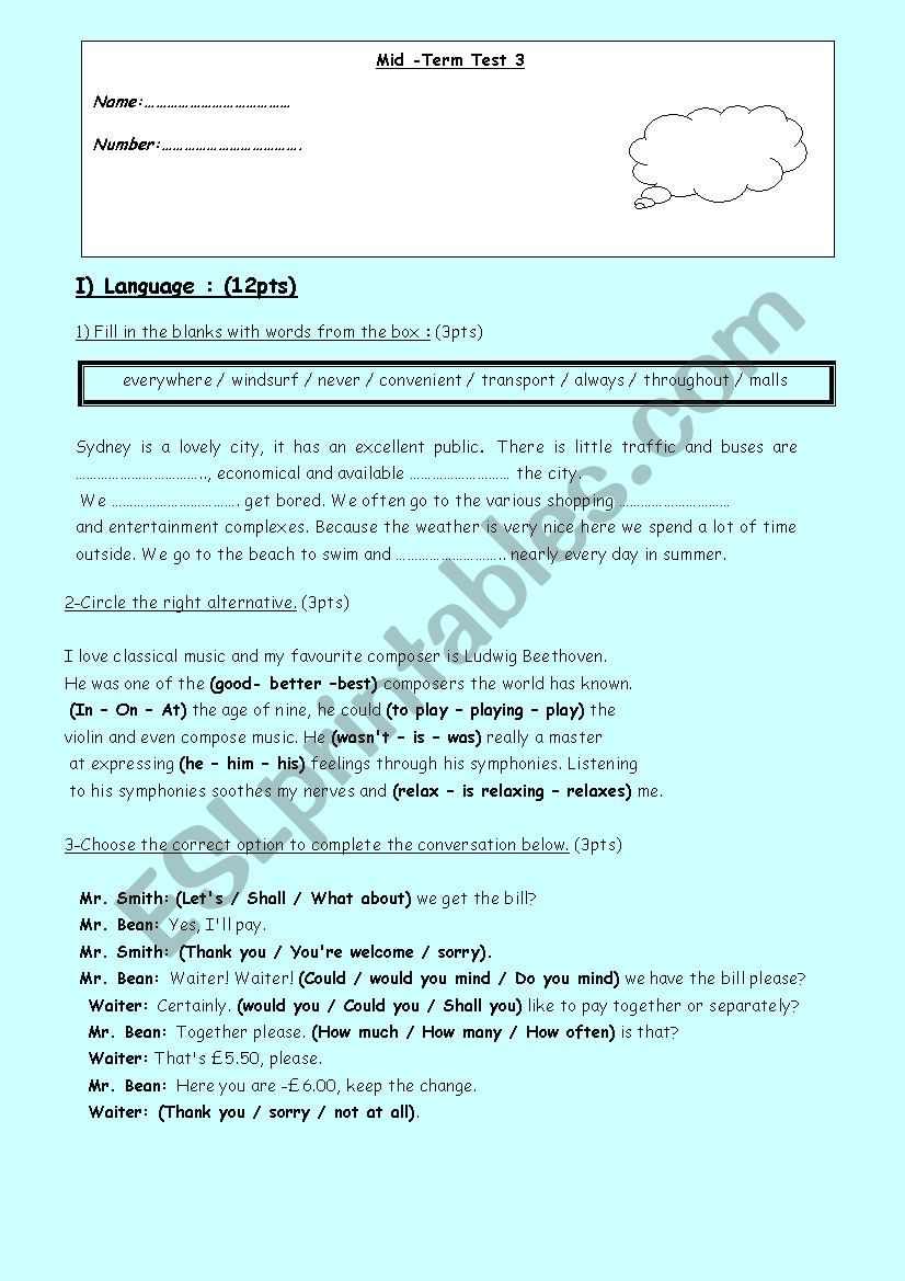 Mid-Term Test 3   9th Form worksheet