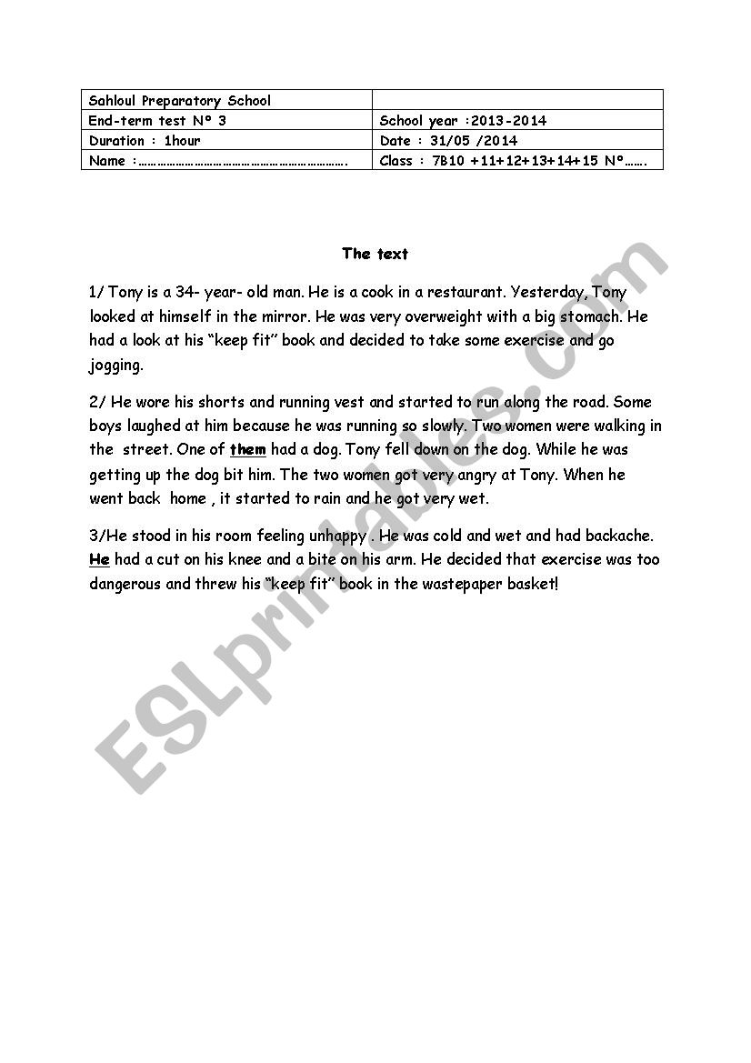 7 th Form End- Term Test N3 worksheet